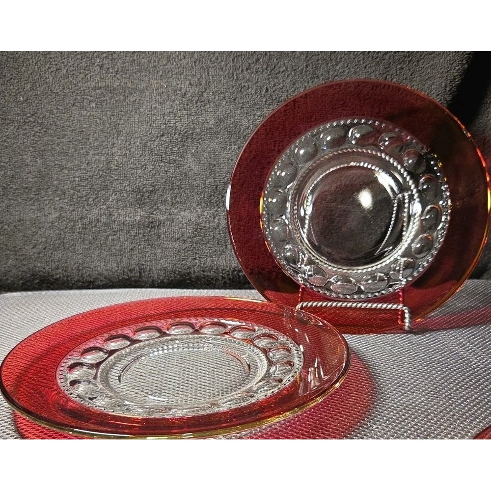 Indiana Glass Kings Crown Cranberry Thumbprint Salad Plates Set Of 2